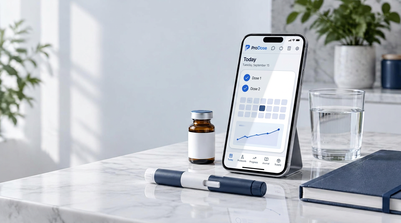 A phone displaying the ProDose Today screen beside a medication vial and injection pen