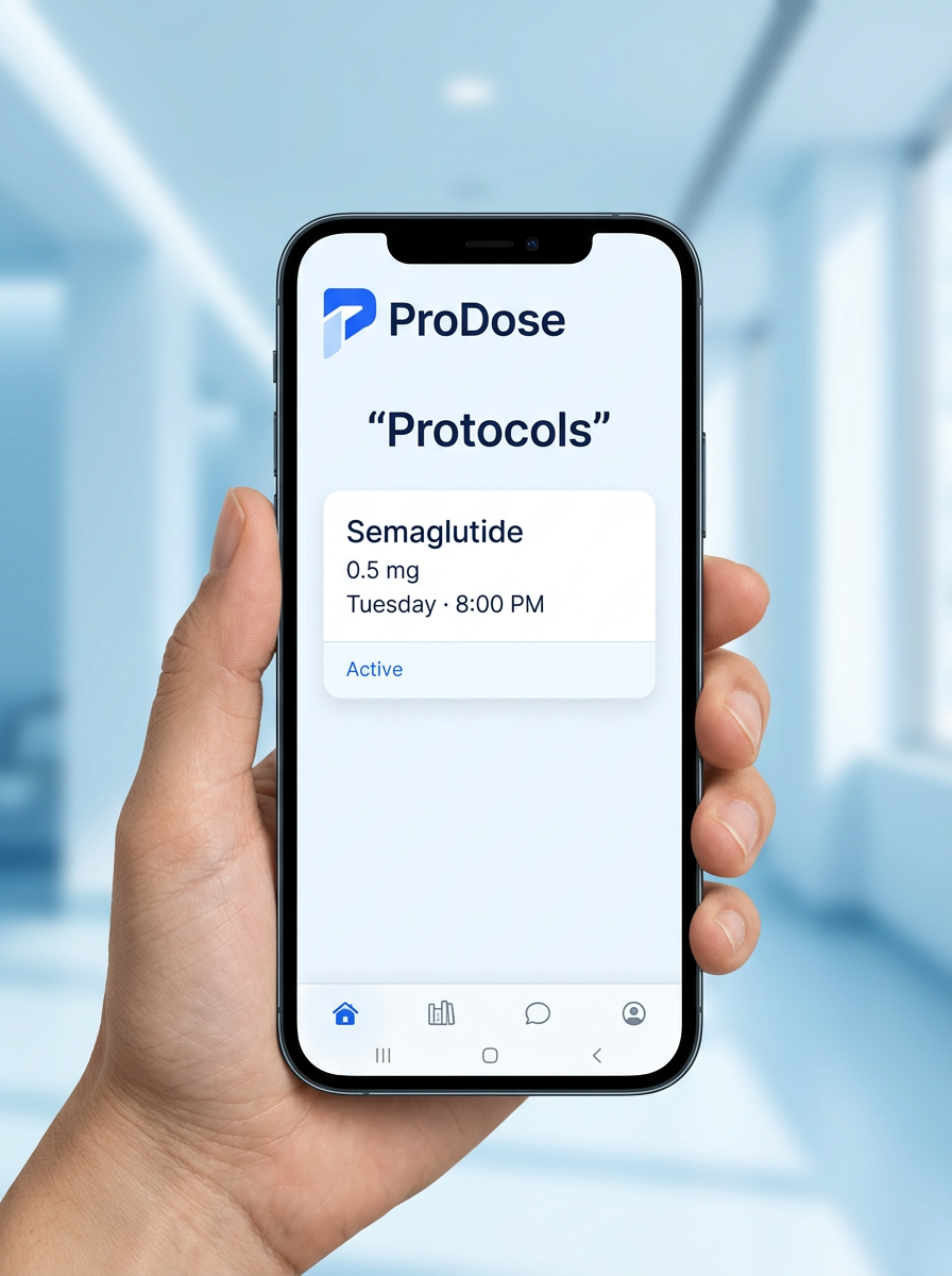 ProDose protocol schedule shown on a phone held in one hand