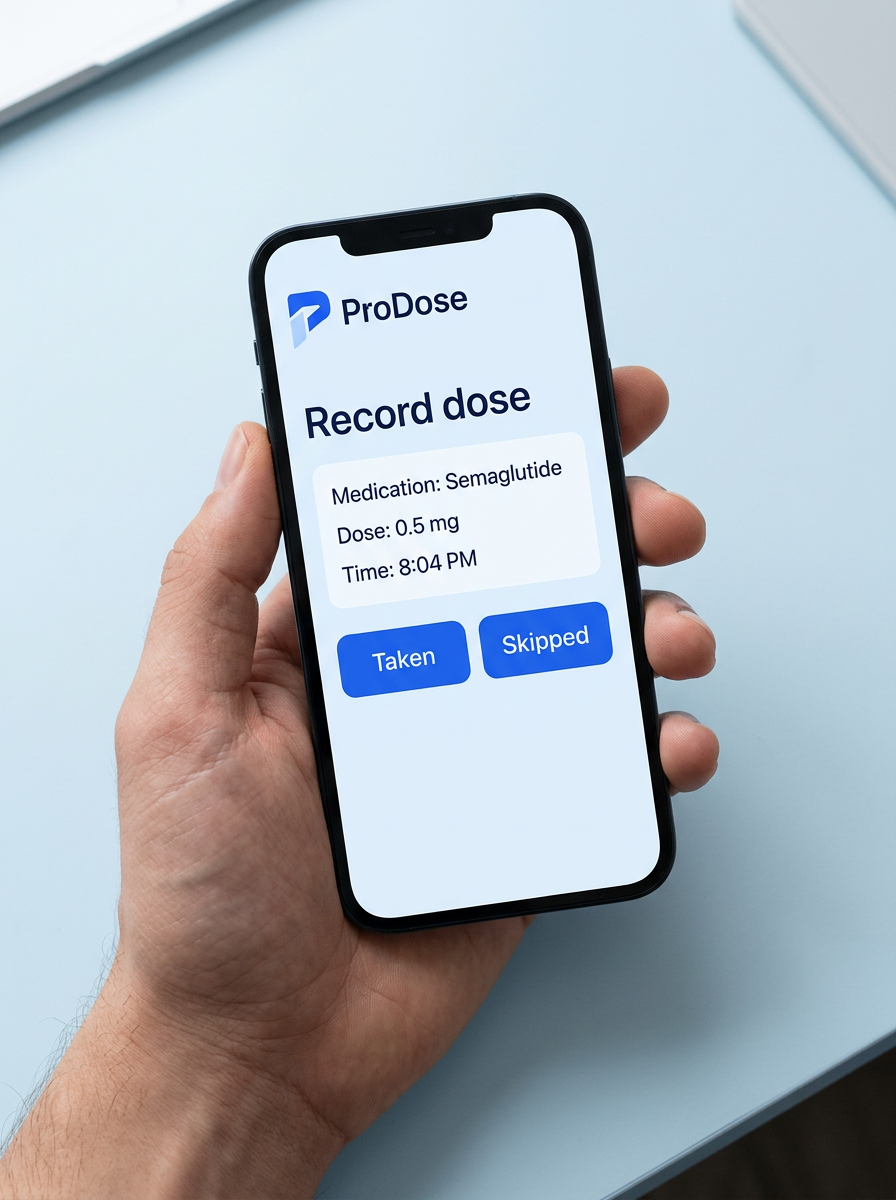 ProDose dose recording screen shown on a phone held in one hand