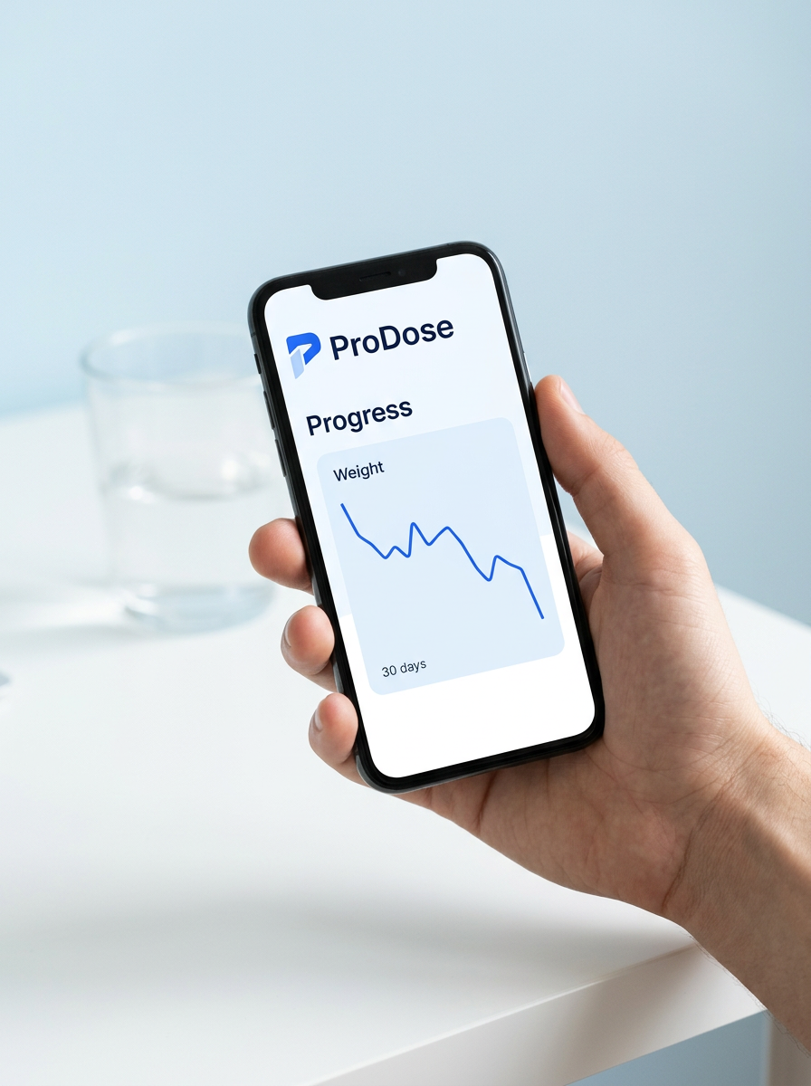 ProDose progress screen shown on a phone held in one hand
